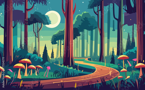 Night forest landscape with trees and road, glowworms and mushrooms shining in darkness. Wild wood fantasy background, dark mysterious place with plants under moonlight, Cartoon vector illustration