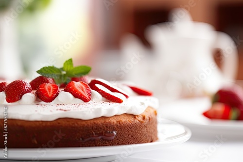 Fresh homemade summer berry cake with whipped cream, a delicious and beautifully presented dessert.