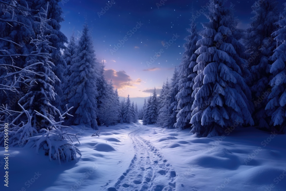 Winter Night Landscape With Snowy Forest And Fir Branches