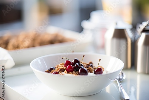 A healthy and delicious breakfast of muesli with organic yogurt, fresh berries and honey.