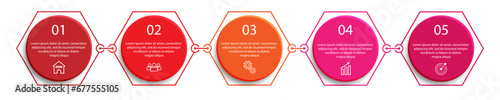 Five step, simple 3D infographic design with colorful colors, icons, text and lines. Great for your business presentations