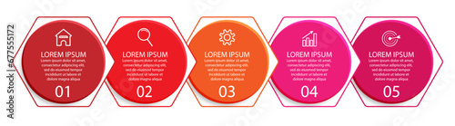 Five step, simple 3D infographic design with colorful colors, icons, text and lines. Great for your business presentations