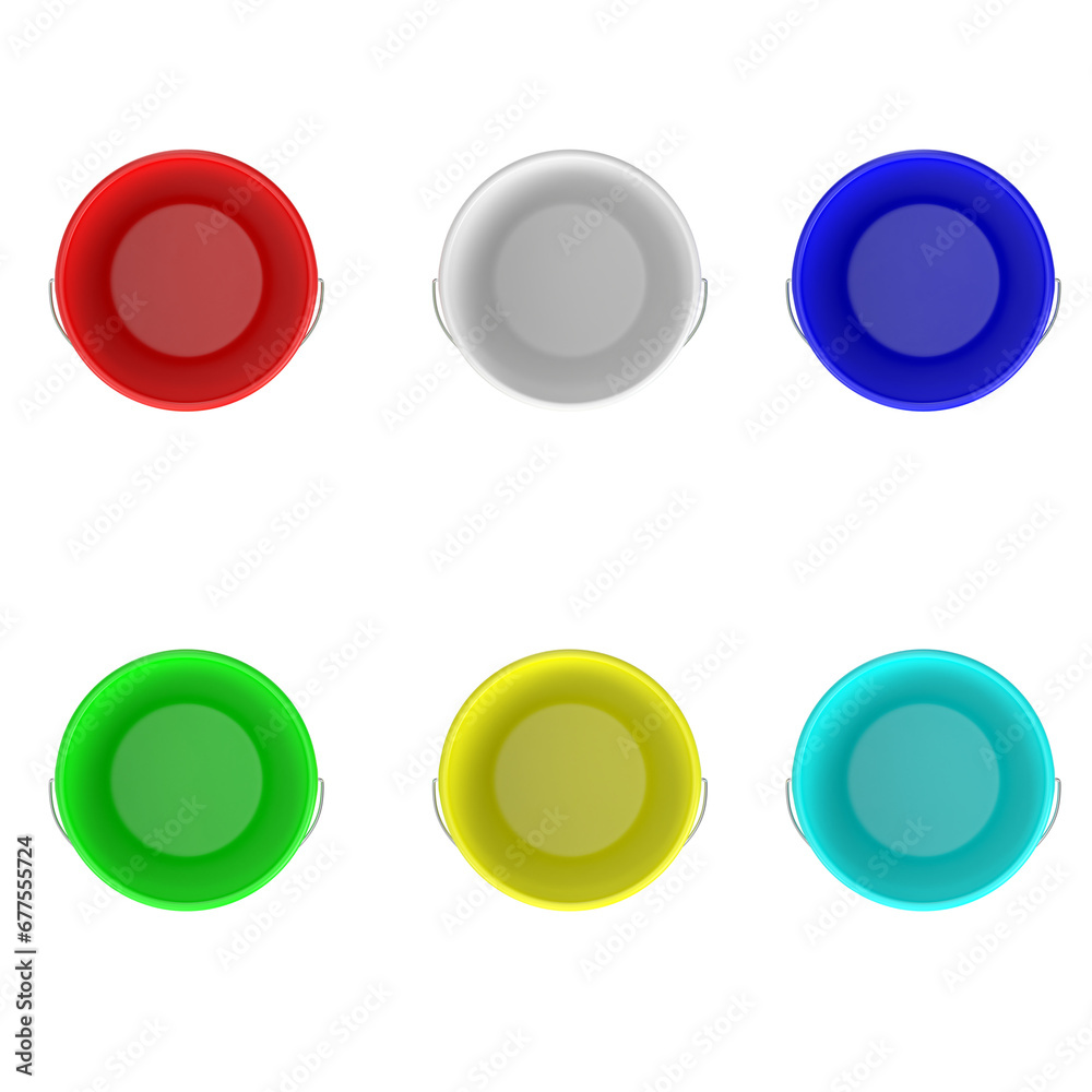 3D rendering illustration of some plastic buckets with metallic handles