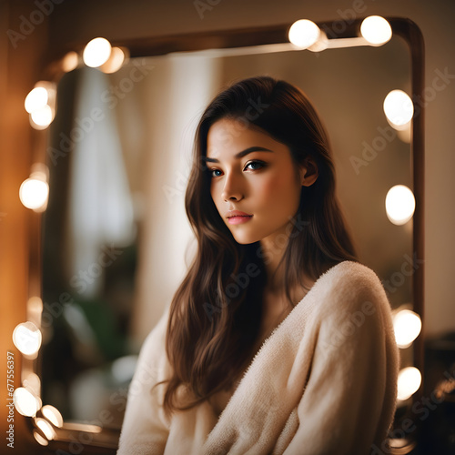 a beautiful photo of a girl's model photo reflection in a shiny mirror