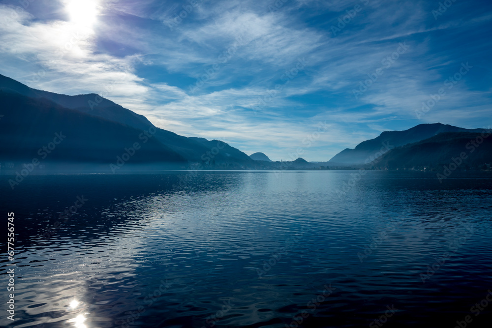 Lake Lugano with Sunlight and Mountain in Morcote, Ticino in Switzerland.