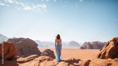 rear view woman in casual cloth walking to the sun with desert sunrise background beautiful landscape background