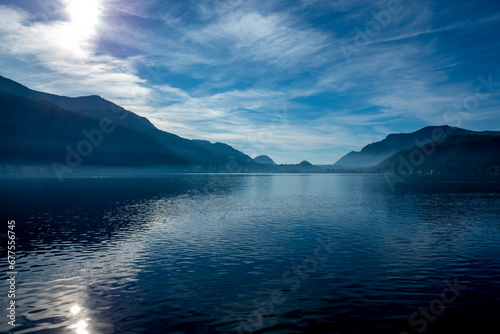 Lake Lugano with Sunlight and Mountain in Morcote  Ticino in Switzerland.