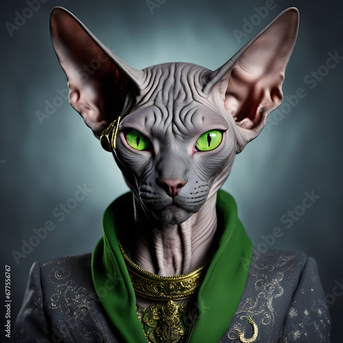 A portrait of a hairless sphinx cat in high details dressed up with a costume