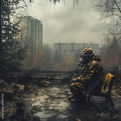 a lone stalker is sitting on the roof of a house in an abandoned city, wearing a protective suit and a gas mask photo