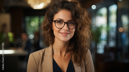 Ritratto di una bellissima donna in un moderno ufficio con abito elegante e occhiali 
