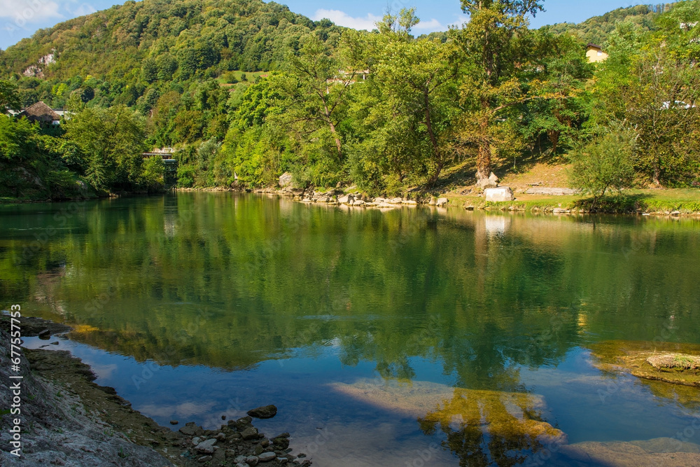 Vrucica Hot Springs on the Vrbas River as it flows through Srpske Toplice south east of Banja Luka in Republika Srpska, Bosnia and Herzegovina
