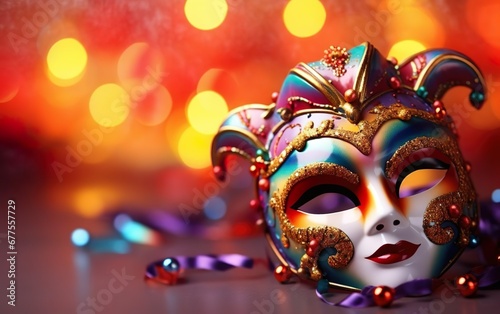 Happy Mardi Gras poster. Banner template with a photorealistic Venetian carnival mask and feathers, on orange background. Costume party flyer for masquerades. Bokeh, de focus. AI Generative