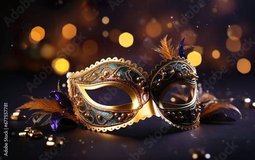 Happy Mardi Gras poster. Banner template with a photorealistic golden Venetian carnival mask, on dark background, copy space. Costume party flyer for masquerades. Bokeh, de focus. AI Generative