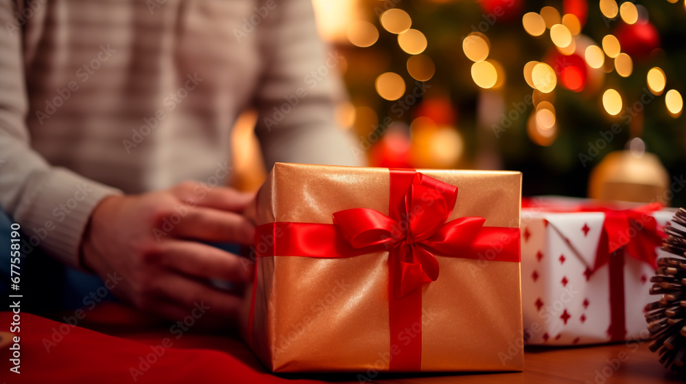 Hands presenting a sparkling gold gift with a red ribbon, festive holiday background with bokeh lights. Hands presenting a sparkling gold gift with a red ribbon, festive holiday background with bokeh lights.
