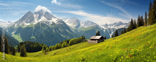 Idyllic mountain landscape in the Alps with blooming meadows in springtime. Generative Ai © Jasmina