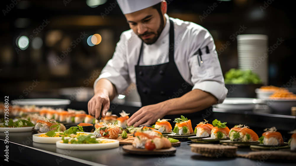 A sushi chef, with fresh ingredients and sushi rolls as the background, during a culinary demonstration A sushi chef, with fresh ingredients and sushi rolls as the background, during a culinary demonstration
