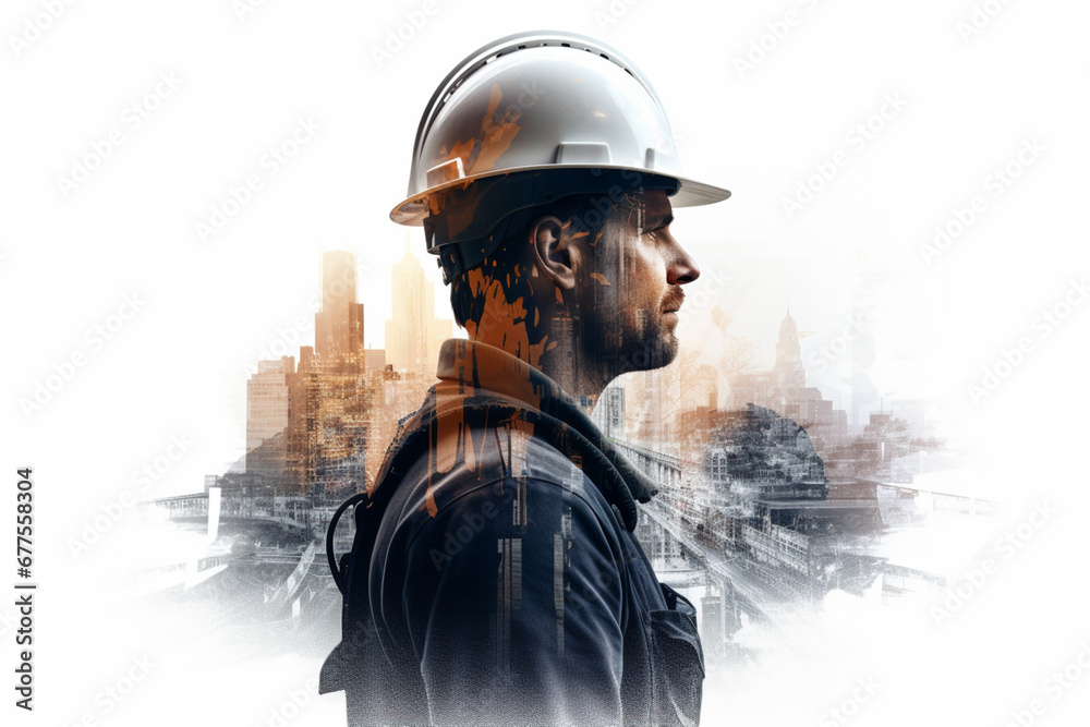 .Double exposure photography of construction worker and skyscraper, on white background - obrazy, fototapety, plakaty 