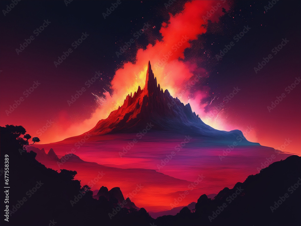 Volcanic Horizon. An evocative illustration of a volcanic landscape, capturing the raw beauty of nature's power, meticulously crafted and generated by AI