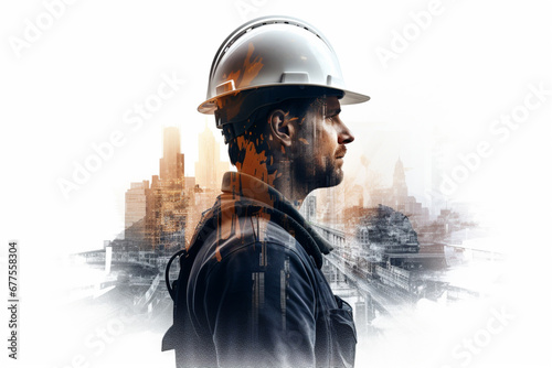 .Double exposure photography of construction worker and skyscraper, on white background photo