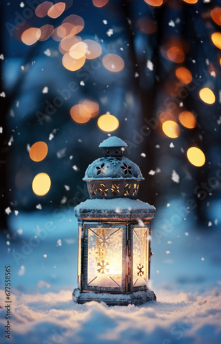 Retro lantern lighting in snow on Christmas evening