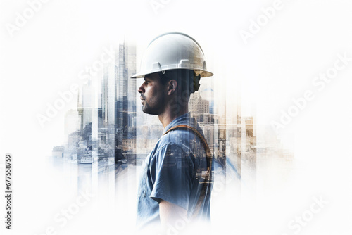 .Double exposure photography of construction worker and skyscraper, on white background