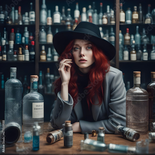 A beautiful red hair young woman wearing a coat and a hat in a mysterious style photo