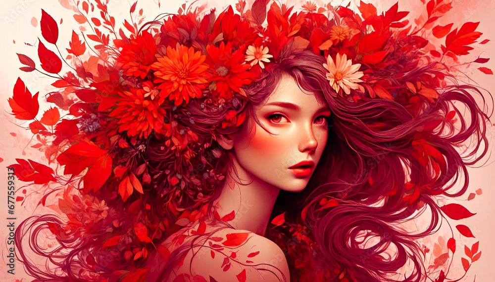 Portrait of a girl with hair blowing in the wind in red colors, flowers in her hair, romance, tenderness
