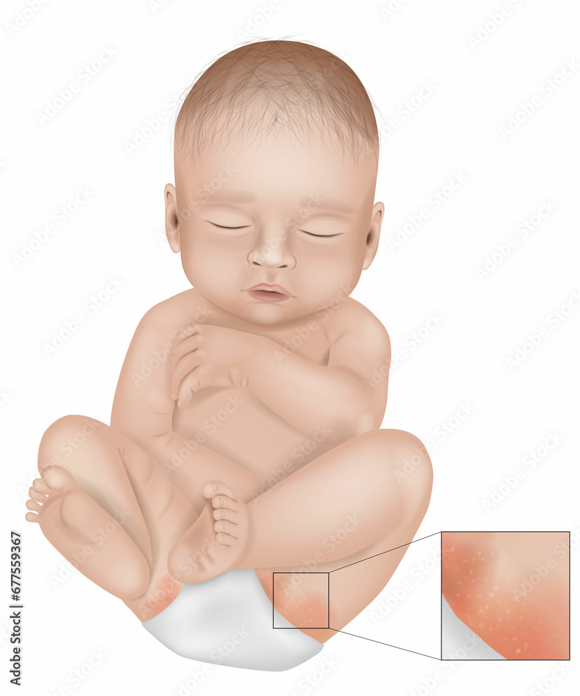 Diaper Rash or Irritant Diaper Dermatitis. Inflammation of the skin under a diaper. Jacquet Dermatitis. Infant with diaper rash in groin area. Diaper Rash or Irritant Diaper Dermatitis. Inflammation of the skin under a diaper. Jacquet Dermatitis. Infant with diaper rash in groin area.
