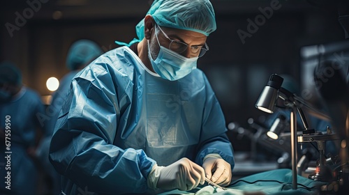 Medical staff wearing sterile suits perform surgery in a  operating room with modern equipment.