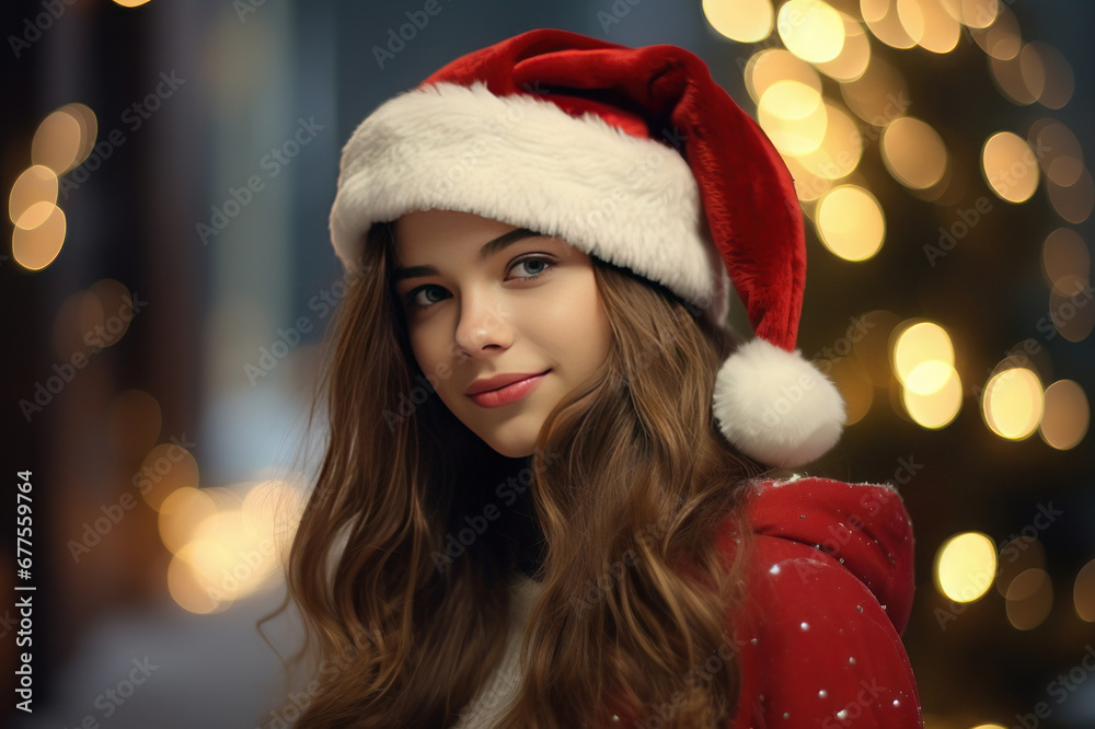 A beautiful woman in a New Year's hat smiles against the background of lights. AI generative.