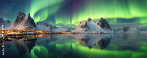 Beautiful Aurora borealis on the islands, Norway. Night sky with polar lights. Night winter landscape with aurora and reflection on the water surface. Natural background in the Norway . Generative Ai © Jasmina