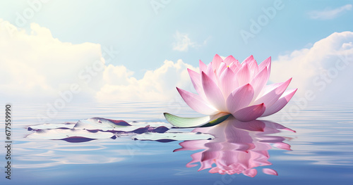 a pink lotus flower floating in a water on a clear day