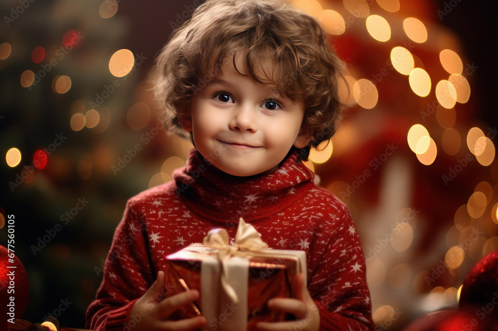 Boy with New Year's gifts. AI generative. Boy with New Year's gifts. AI generative.