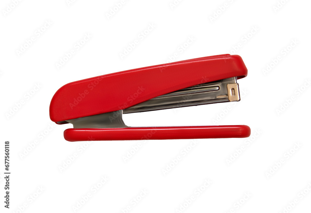 Red color stapler close-up isolated on white background - obrazy, fototapety, plakaty 