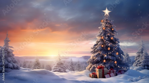 Yuletide Elegance: Christmas Tree Adorned with Presents in Wintery Landscape