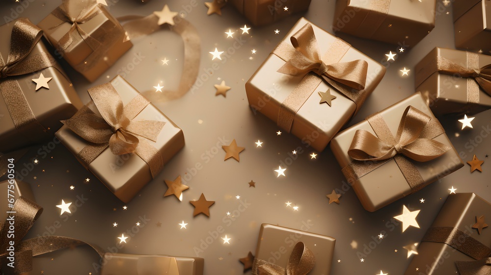 Festliche Geschenkepracht: Goldene Präsente umgeben von glitzernden Sternen