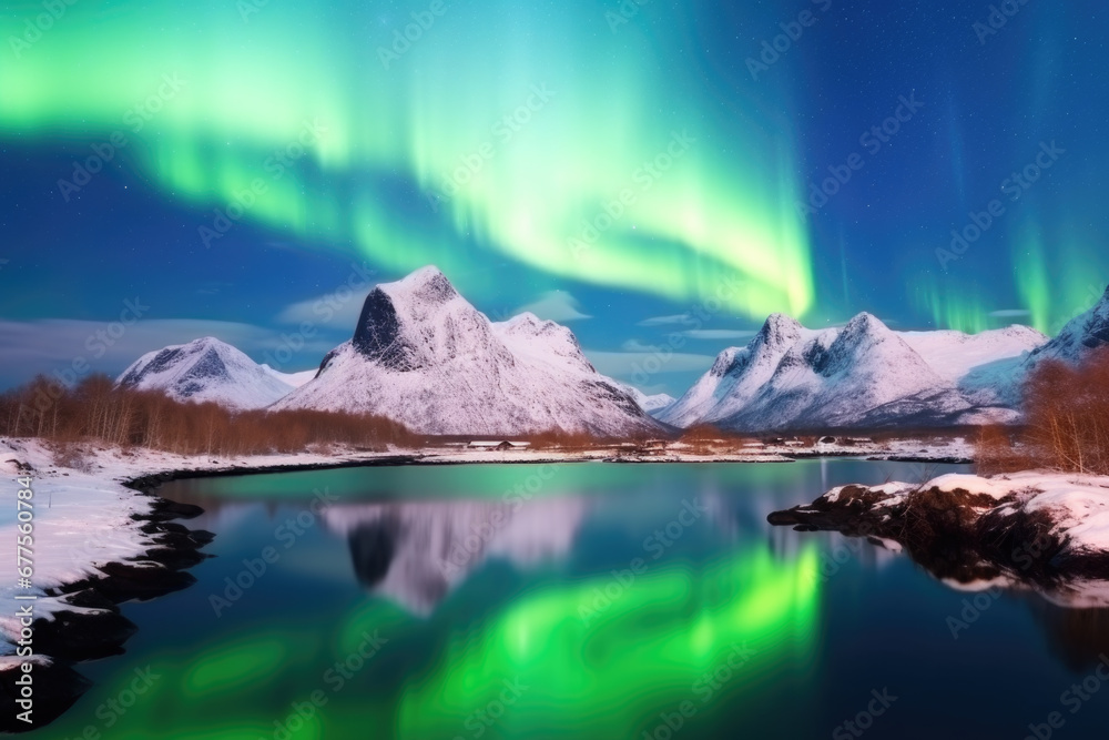 Beautiful Aurora borealis on the islands, Norway. Night sky with polar lights. Night winter landscape with aurora and reflection on the water surface. Natural background in the Norway . Generative Ai
