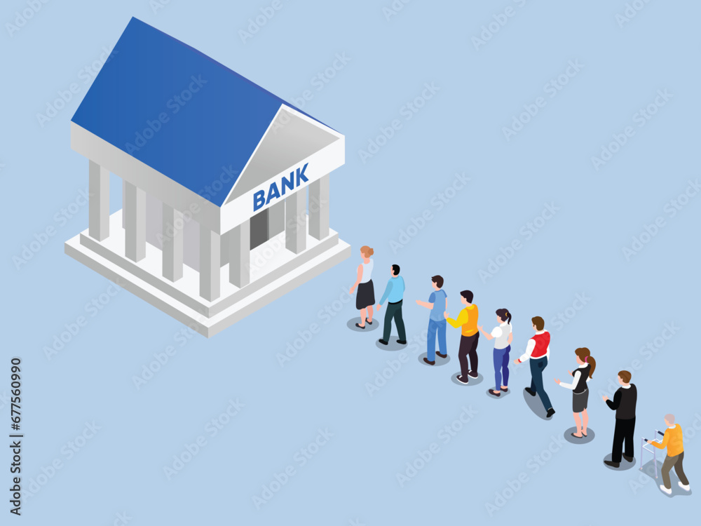People queue at bank. Crowd waiting in line isometric 3d vector illustration concept for banner, website, landing page, flyer, etc People queue at bank. Crowd waiting in line isometric 3d vector illustration concept for banner, website, landing page, flyer, etc
