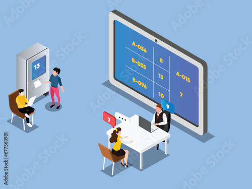 people looking at display number board in waiting room electronic queuing system isometric 3d vector illustration concept for banner, website, landing page, flyer, etc