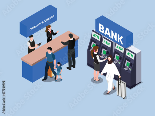 Bank interior counter desk, cashier, consulting, ATM machines, money currency exchange isometric 3d vector illustration concept photo