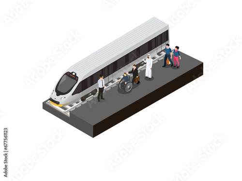 City people are waiting for the subway service isometric 3d vector illustration concept for banner, website, landing page, flyer, etc