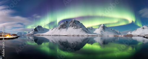 Beautiful Aurora borealis on the islands  Norway. Night sky with polar lights. Night winter landscape with aurora and reflection on the water surface. Natural background in the Norway . Generative Ai