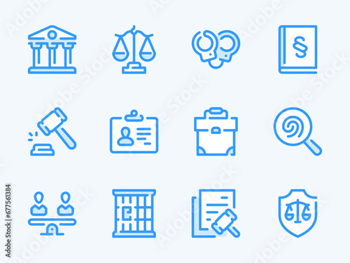 Law and Justice vector line icons. Judgment and Legislation outline icon set. Scales of Justice, Handcuffs, Courthouse, Evidence, Verdict, Prison Cell, Punishment, Authority, Jail and more.