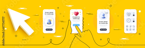 Ab testing, Clock and Stats line icons pack. Phone screen mockup with 3d alert bell, health and headshot. Car service, Report, Replacement web icon. Phone download, Ranking star pictogram. Vector