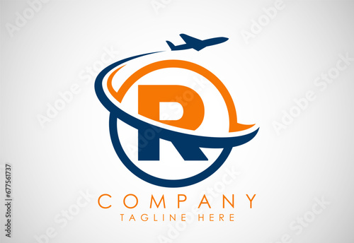 Initial alphabet R with aeroplane. Travel icons. Aviation logo sign, Flying symbol. Flight icon