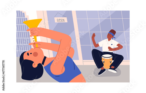 Street musicians play wind instrument, african drum. Artist perform on brazilian djembe, drummer with goblet jembe. Girl blowing in horn, trumpet. Outdoor music performance. Flat vector illustration