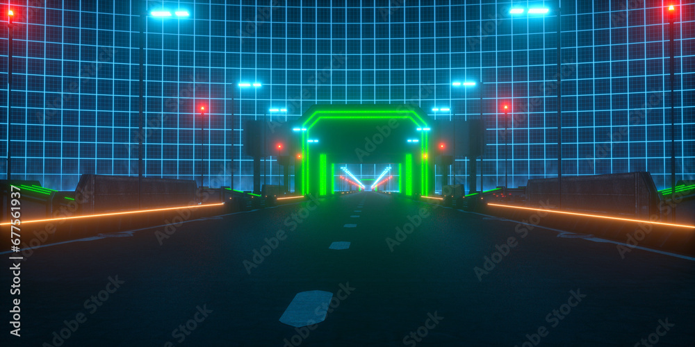 Fototapeta premium Neon cyberpunk futuristic highway road at night with tunnel glowing with green neon light against the background of blue luminous checkered sky. Futuristic 3d illustration.