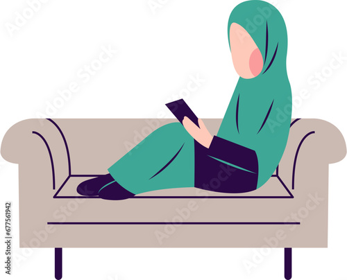 Illustration Of Hijab Woman Reading Book