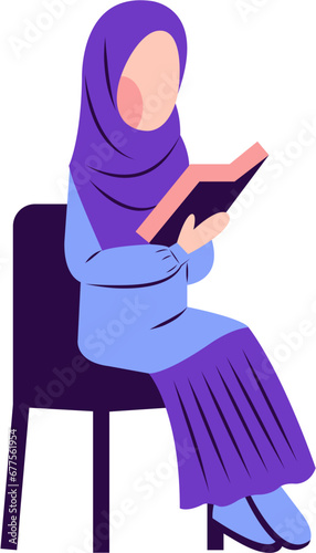 Illustration Of Hijab Woman Reading Book