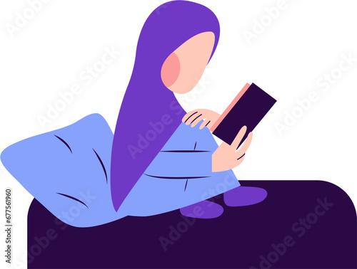 Illustration Of Hijab Woman Reading Book